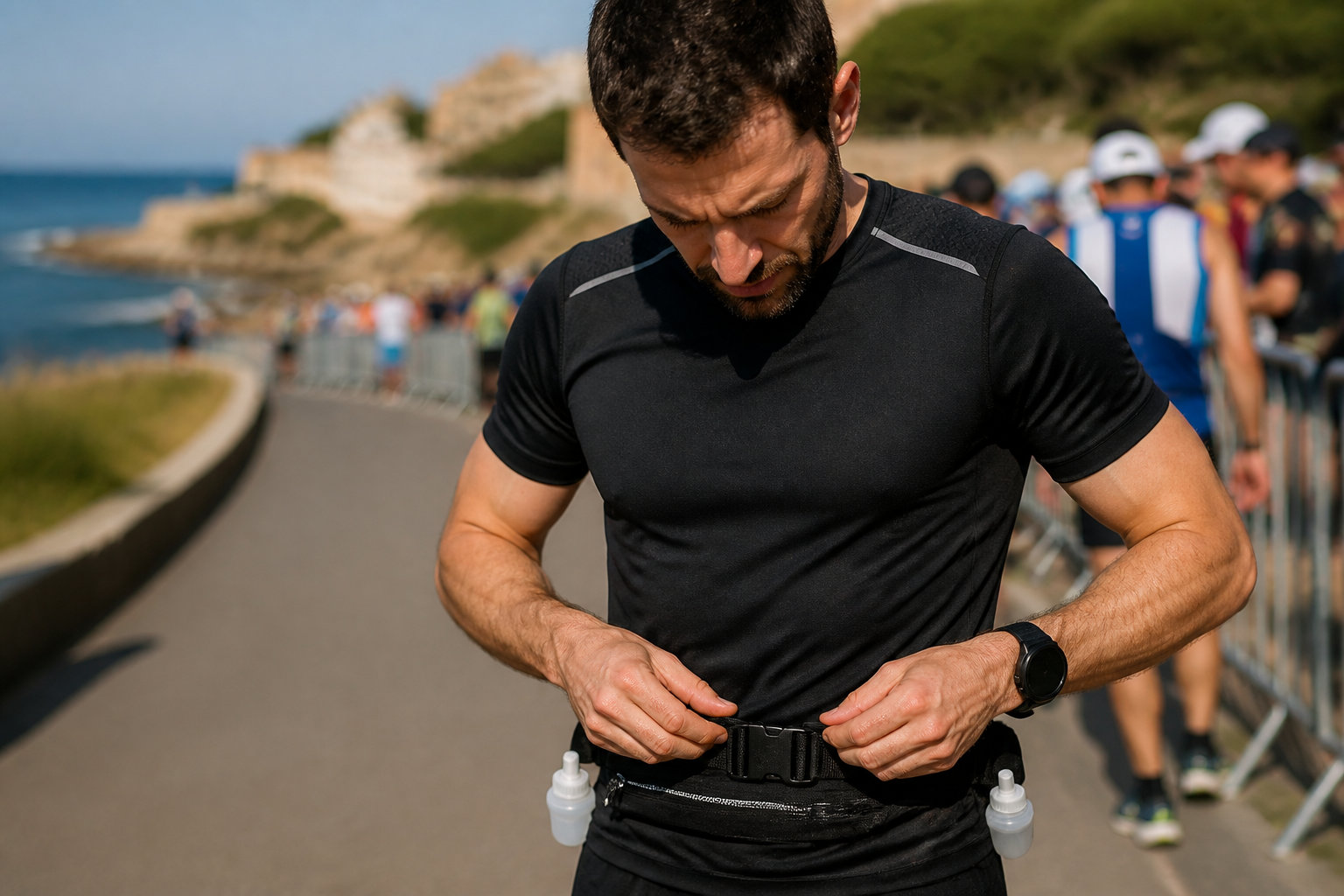 Athlète qui règle sa ceinture d'hydratation avant le départ d'une course