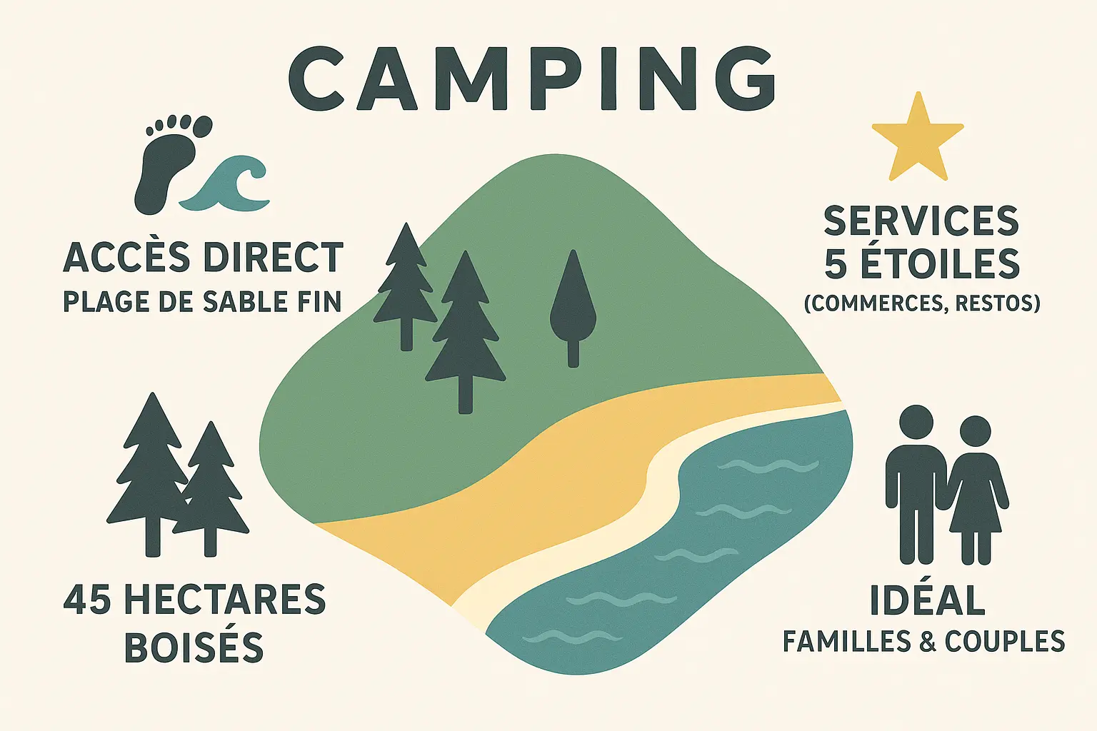 Vue panoramique sur le Camp du Domaine et sa plage privée