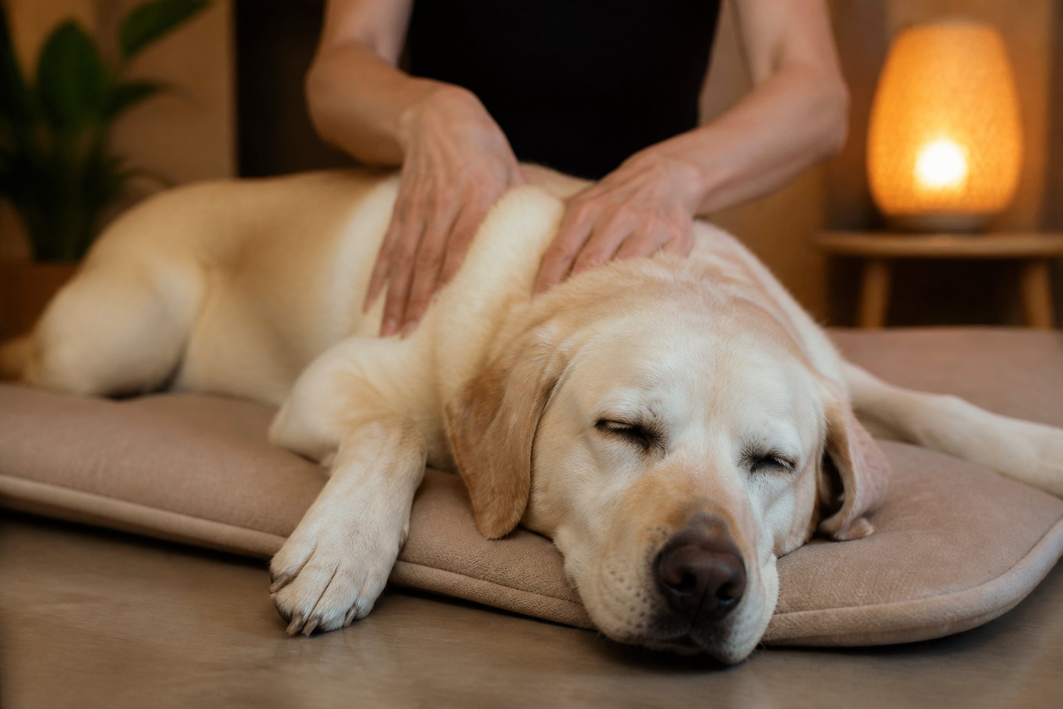 Labrador détendu pendant une session de massage relaxant