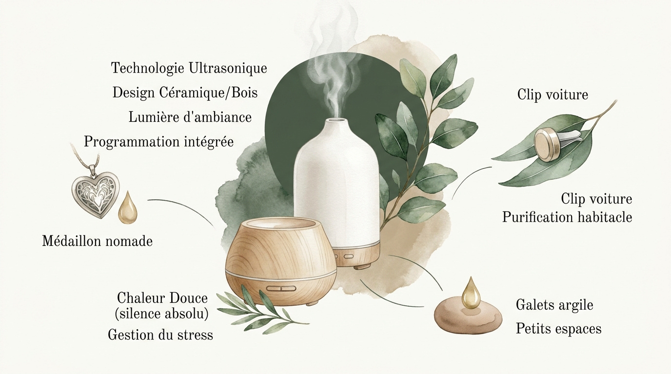 Wooden and ceramic essential oil diffusers styled on a living room shelf