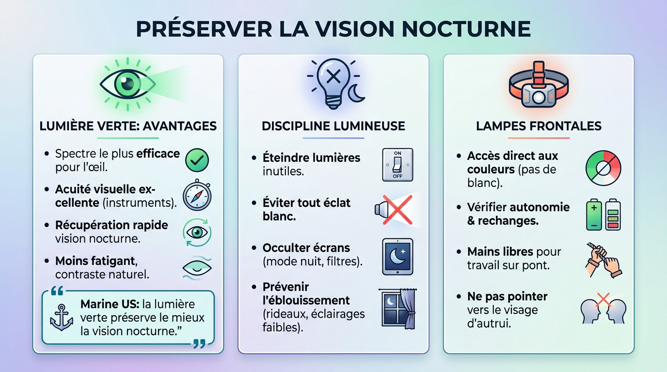 Marin utilisant une lampe frontale à lumière rouge pour consulter une carte marine la nuit
