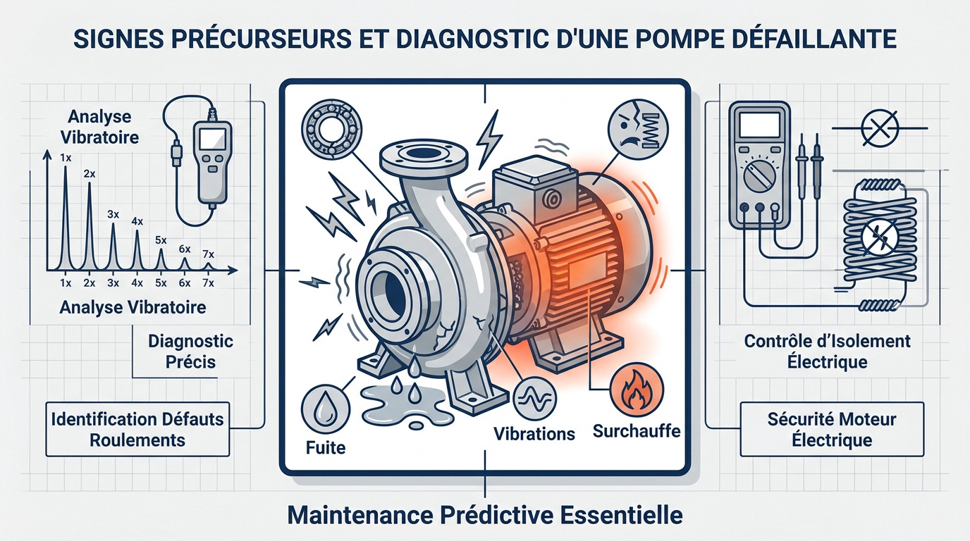 Technicien inspectant une pompe industrielle pour identifier des signes de défaillance mécanique