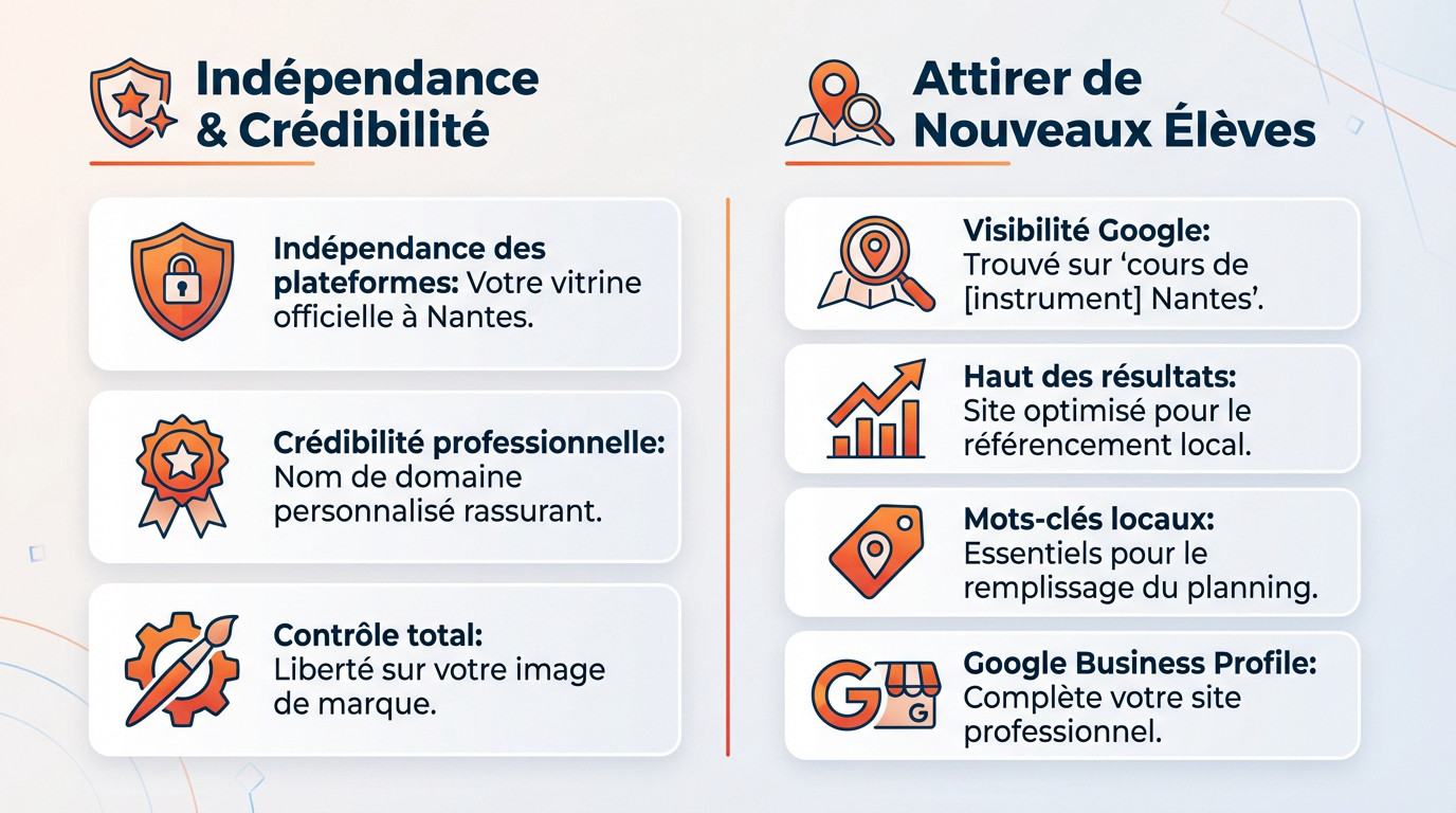 Professeur de musique à Nantes utilisant un site web pour développer sa visibilité locale