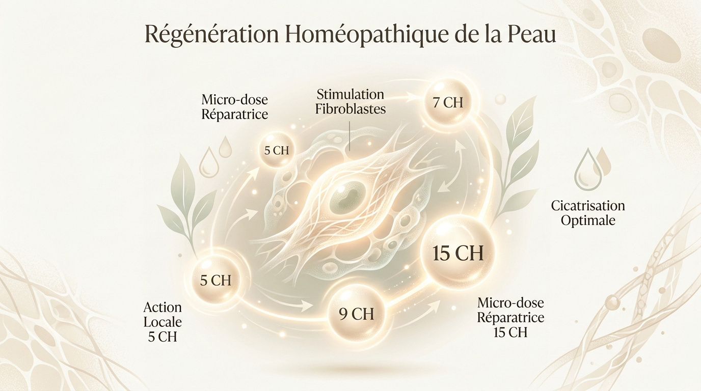 Représentation visuelle de la régénération cellulaire cutanée et des granules homéopathiques