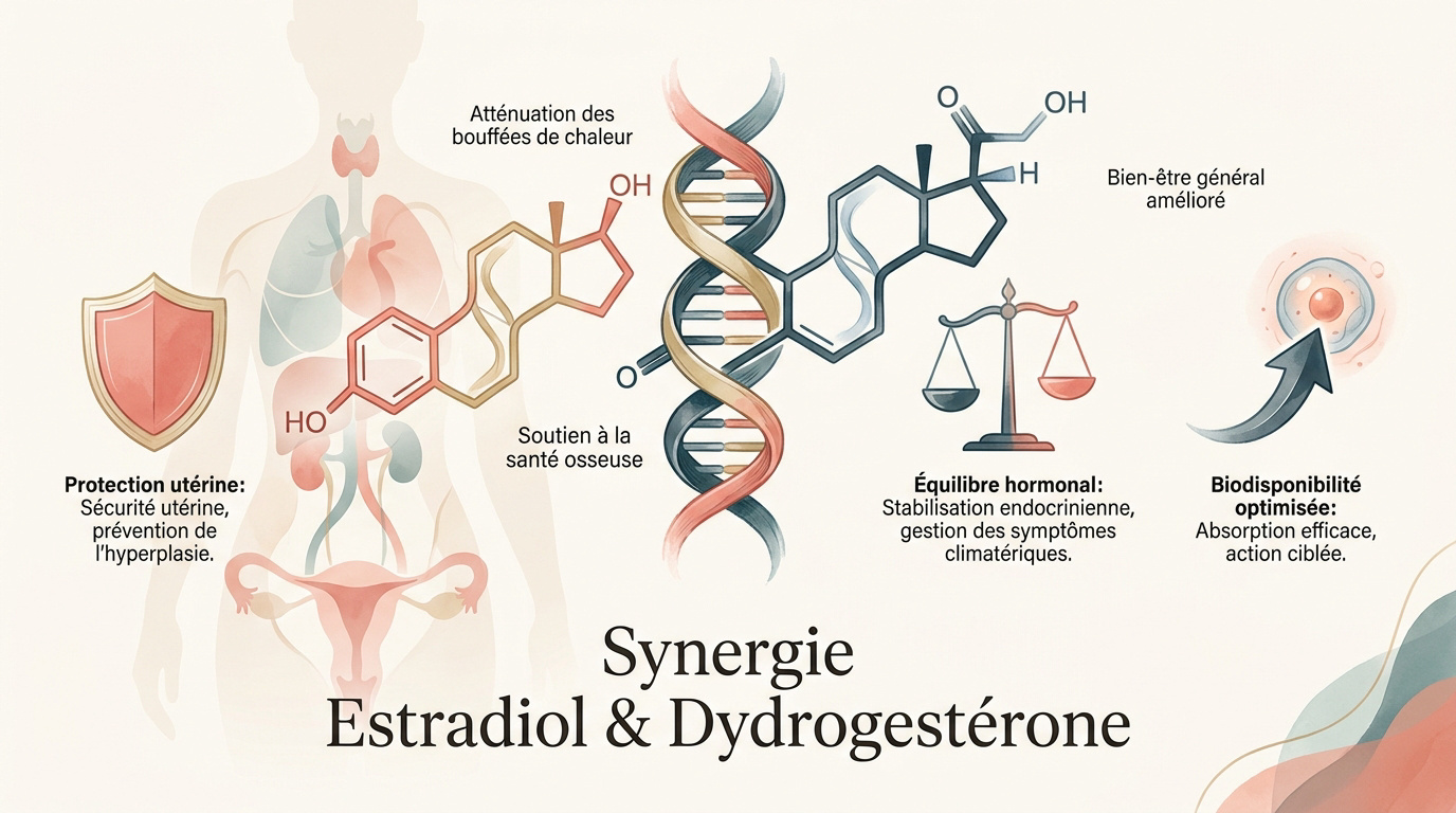 Représentation moléculaire de la synergie entre estradiol et dydrogestérone pour l'équilibre hormonal