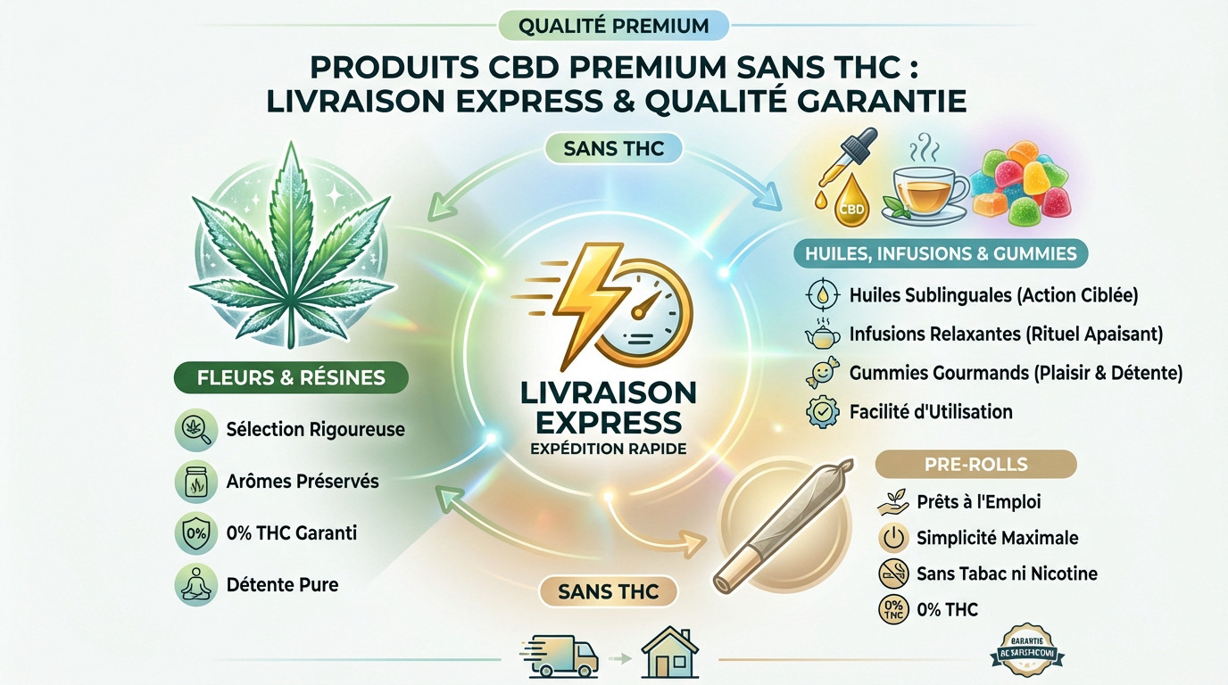 Gamme de produits CBD premium sans THC prêts pour une livraison rapide en France