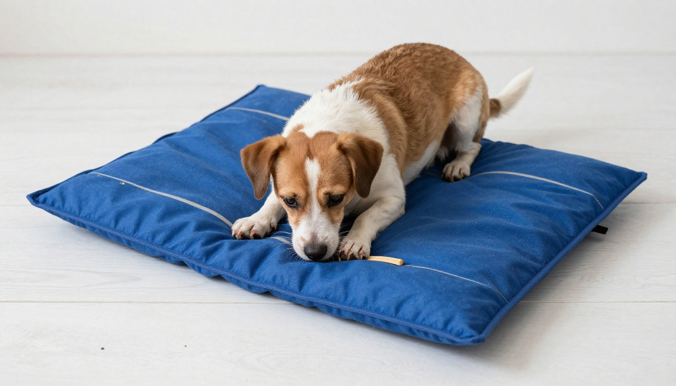 Chien attendant une friandise allongé sur un tapis bleu