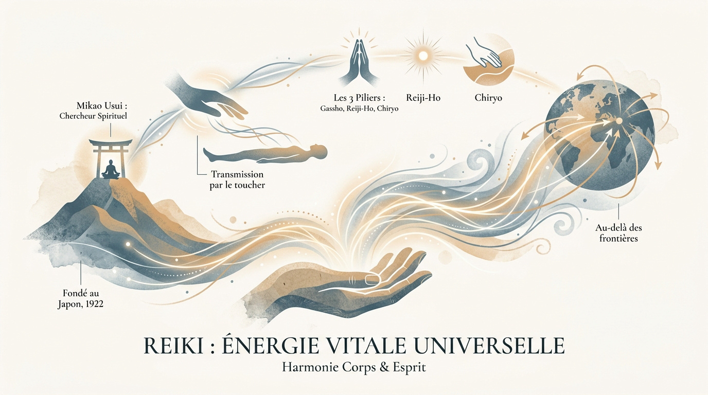 Reiki c'est quoi : comprendre cette méthode de relaxation 5 Infographie expliquant le concept de l'énergie vitale universelle dans le Reiki