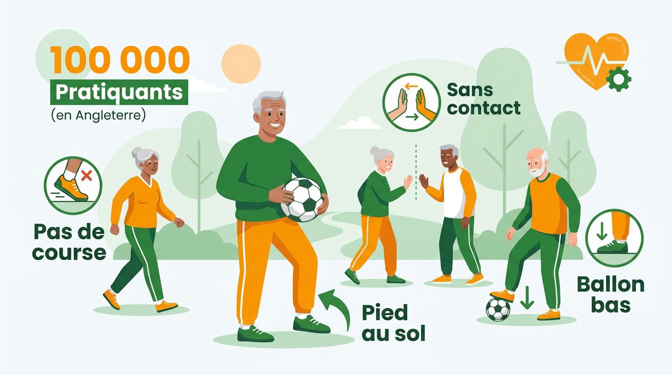 Seniors pratiquant le football en marchant sur un terrain de sport