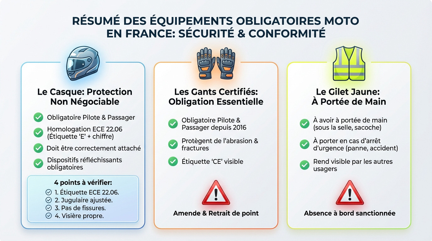 Illustration des équipements moto obligatoires en France : casque homologué et gants certifiés CE