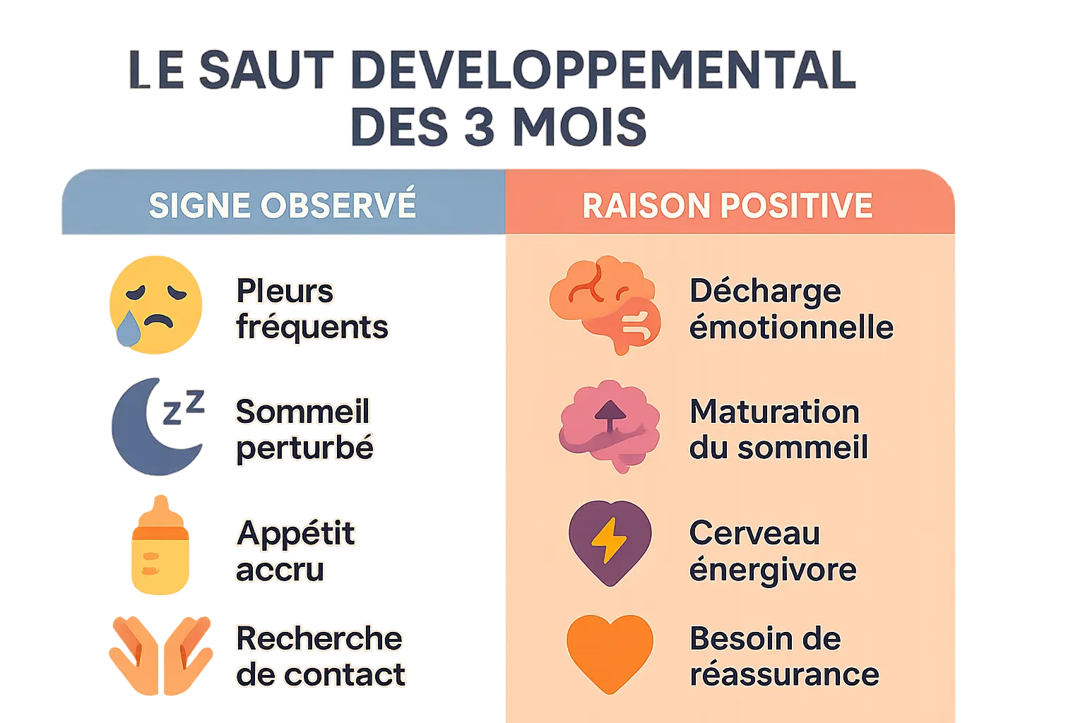 Illustration d'un bébé âgé de 3 mois entouré de symboles représentant son développement (cervelle, cycles de sommeil, câlins)
