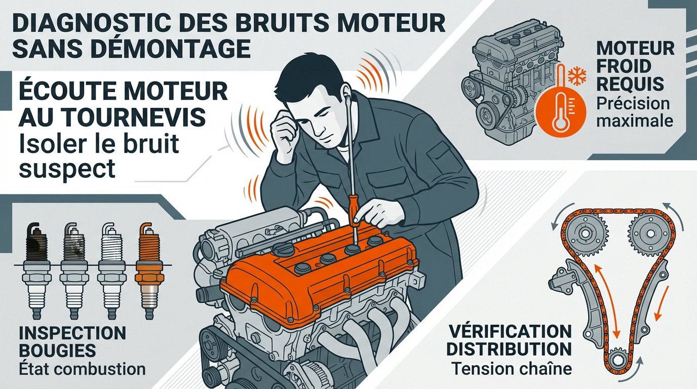 Mécanicien utilisant un tournevis pour diagnostiquer un bruit moteur de soupapes