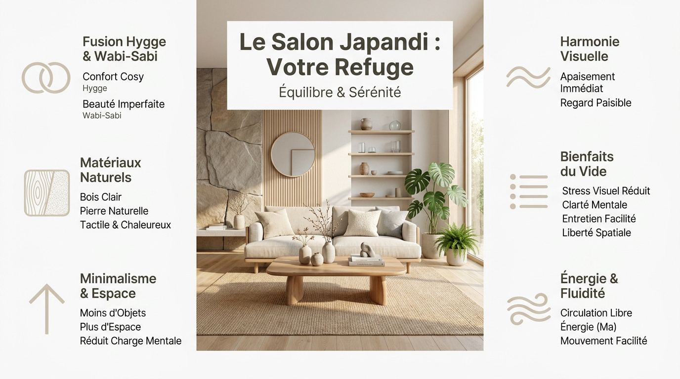 Aménagement d'un salon japandi minimaliste avec bois clair et textiles naturels