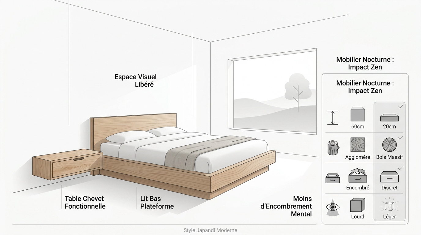 Aménagement chambre japandi avec lit plateforme et décor zen