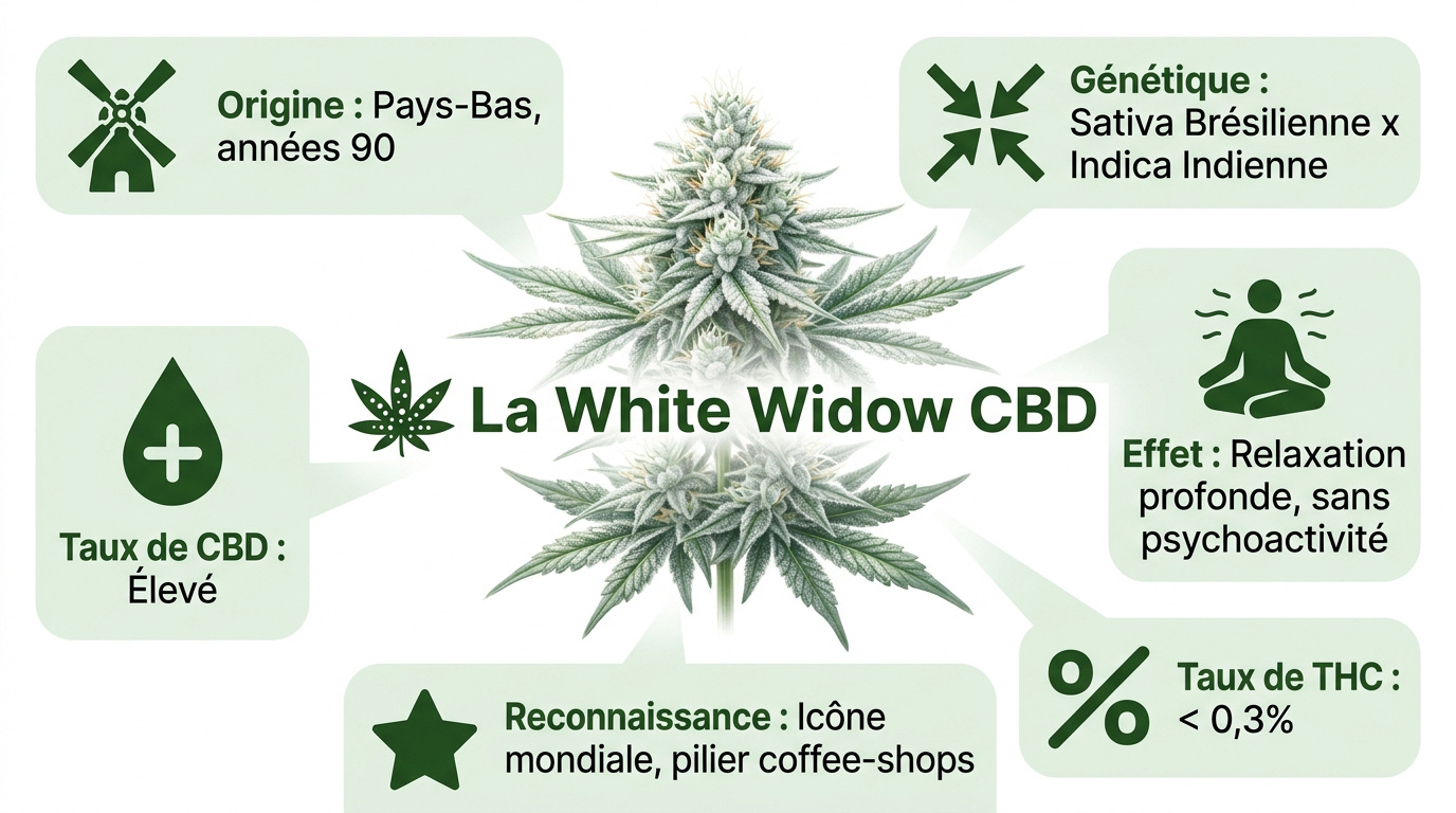 Fleurs de White Widow CBD givrées de trichomes blancs