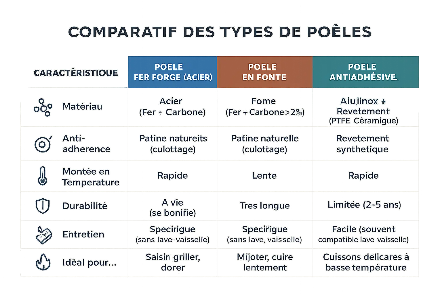 Comparatif visuel des matériaux de poêles