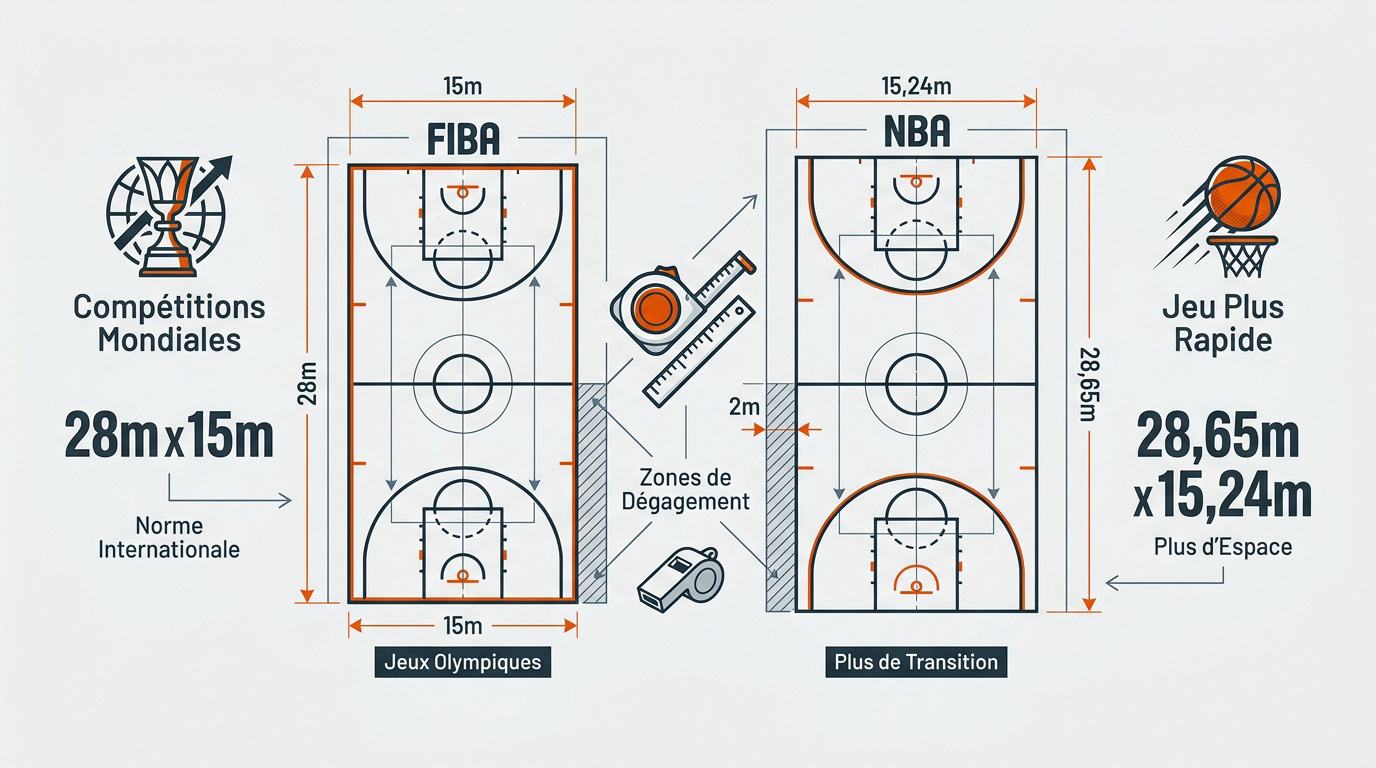 Schéma comparatif des dimensions d'un terrain de basket entre les normes FIBA et NBA