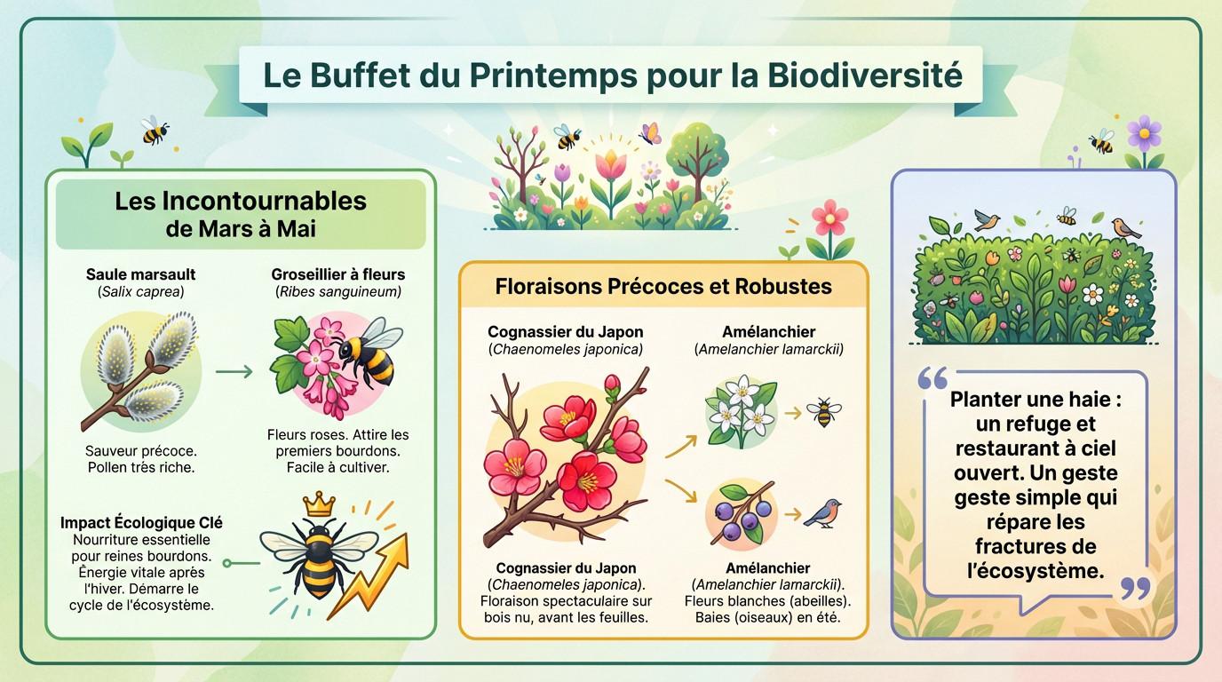 Floraison printanière colorée d'une haie mellifère attirant les pollinisateurs