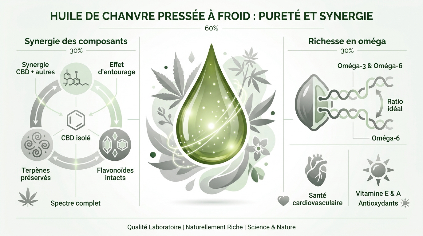 Huile de chanvre extraite à froid riche en nutriments et terpènes naturels