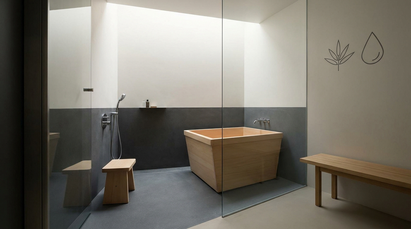 Salle de bain japonaise minimaliste avec baignoire en bois et lumière naturelle