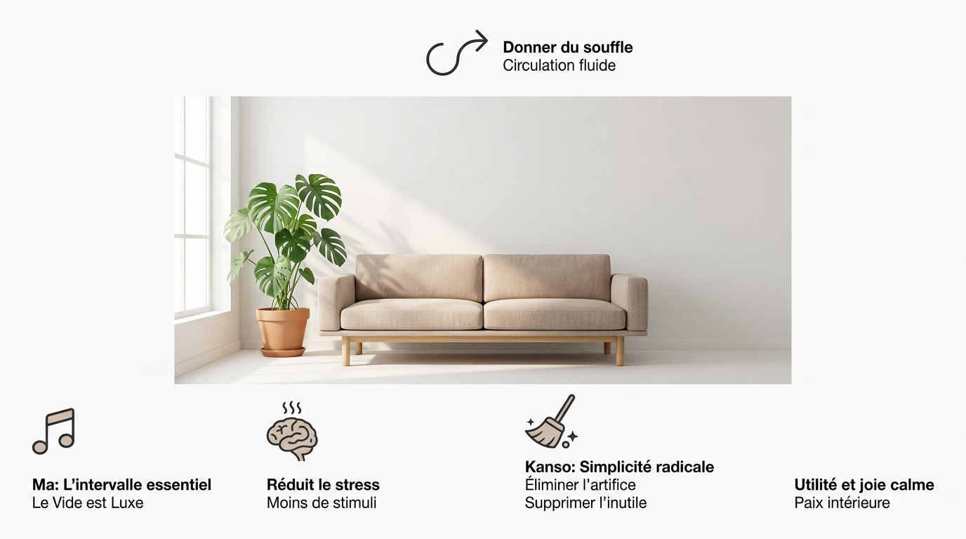 Intérieur minimaliste japonais illustrant les concepts de Ma et Kanso avec un mobilier épuré