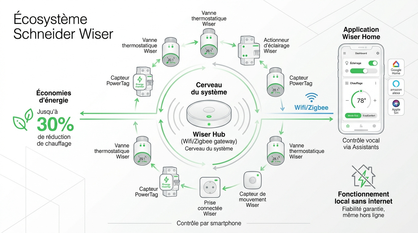 Intérieur moderne équipé de la solution domotique Schneider Wiser pour le contrôle du chauffage et de l'éclairage