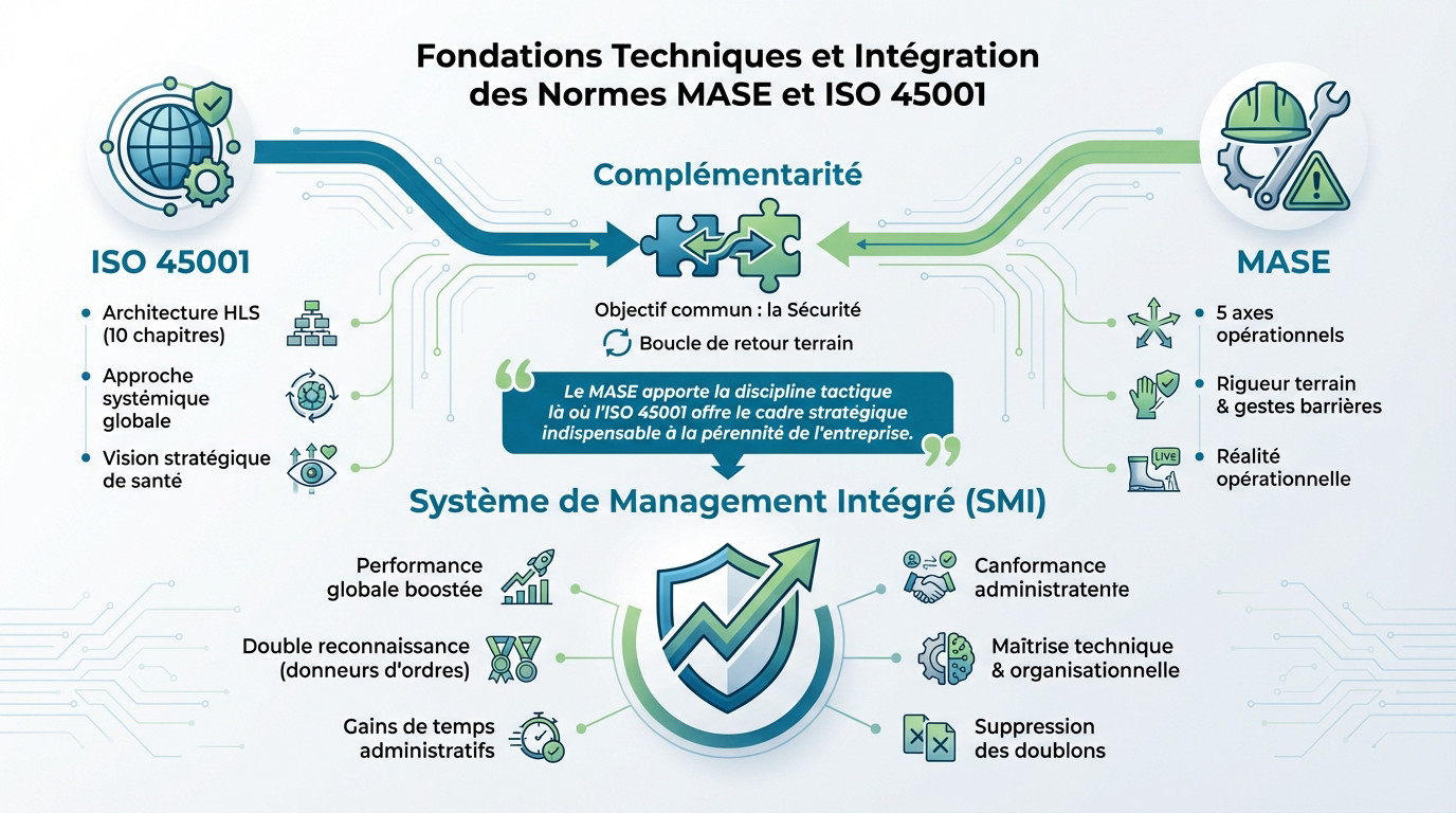 Tableau de correspondance technique entre la structure HLS ISO 45001 et les axes MASE