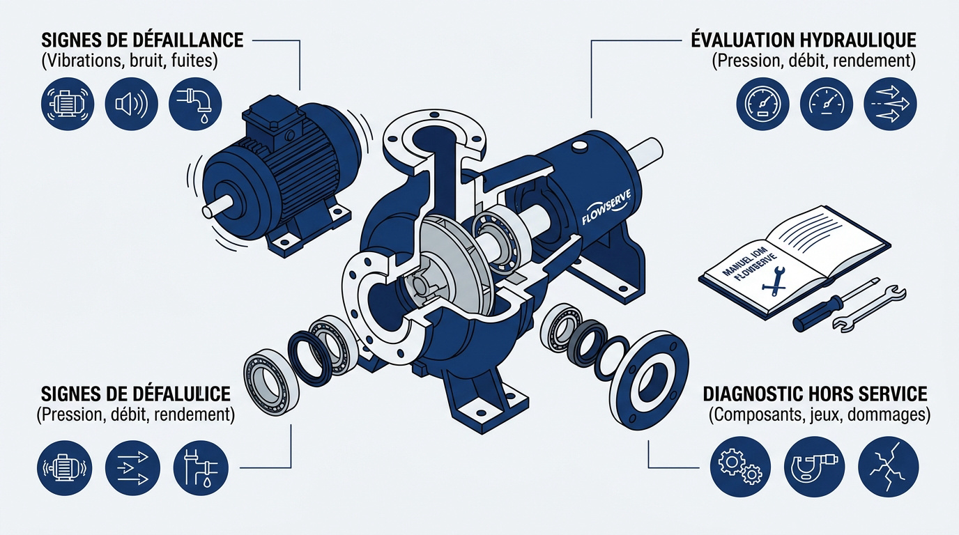 Technicien effectuant un diagnostic technique sur une pompe industrielle Flowserve