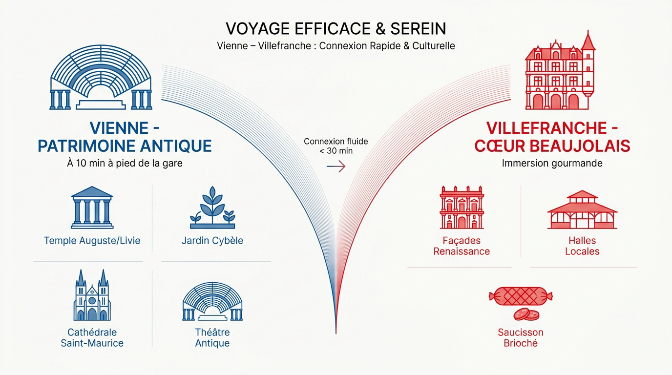 Patrimoine historique de Vienne et façades de Villefranche-sur-Saône accessibles en train