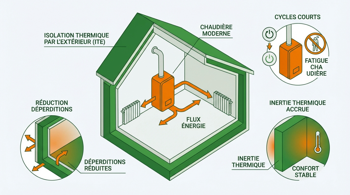 Maison avec isolation thermique par l'extérieur et optimisation de la chaudière