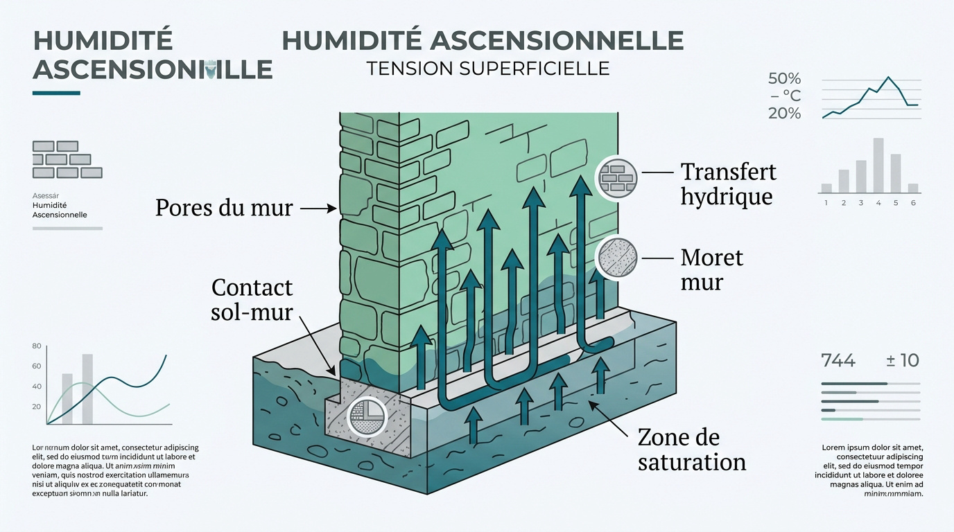 Infographie expliquant le mécanisme de l'humidité ascensionnelle dans les murs de façade