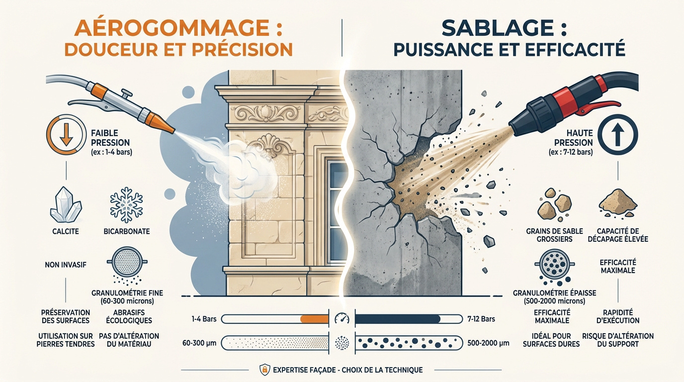 Comparaison visuelle entre le sablage haute pression et l'aérogommage basse pression sur une façade