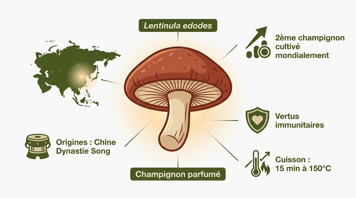 Infographie sur les origines, la morphologie et les vertus du champignon shiitake