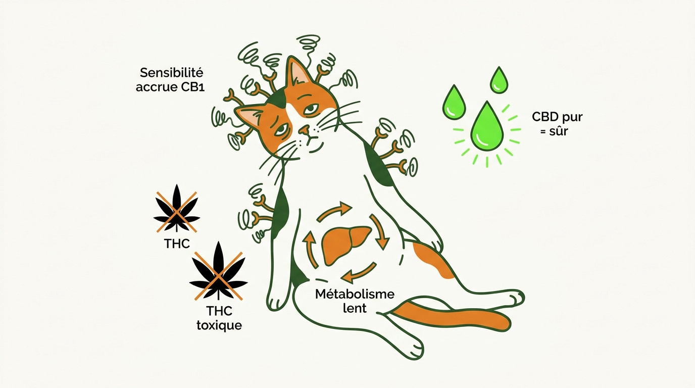 Schéma de la sensibilité du système nerveux du chat au THC et au CBD