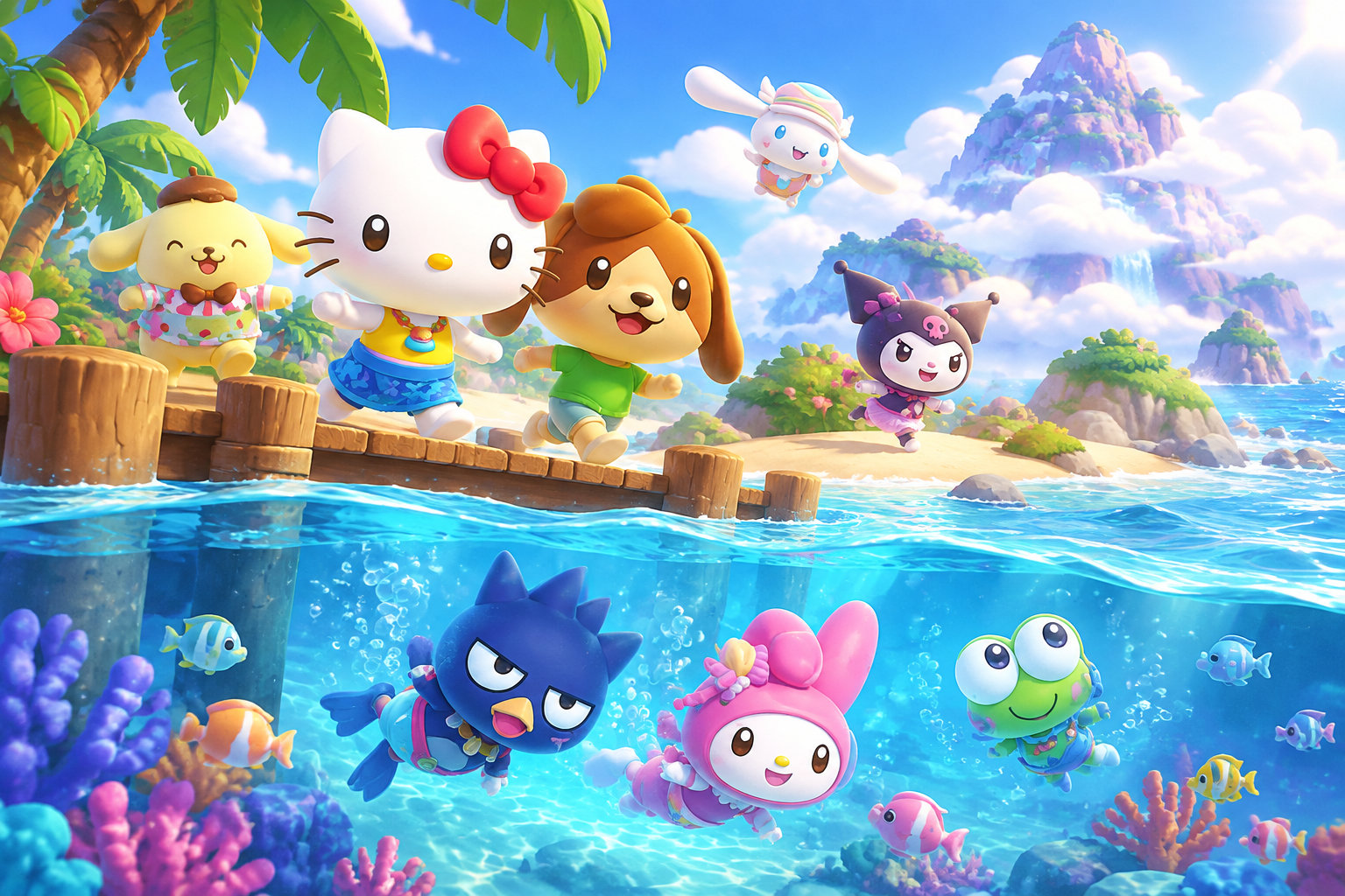 Des personnages animés courent sur un ponton tropical tandis que d’autres nagent sous l’eau parmi les poissons et les coraux.