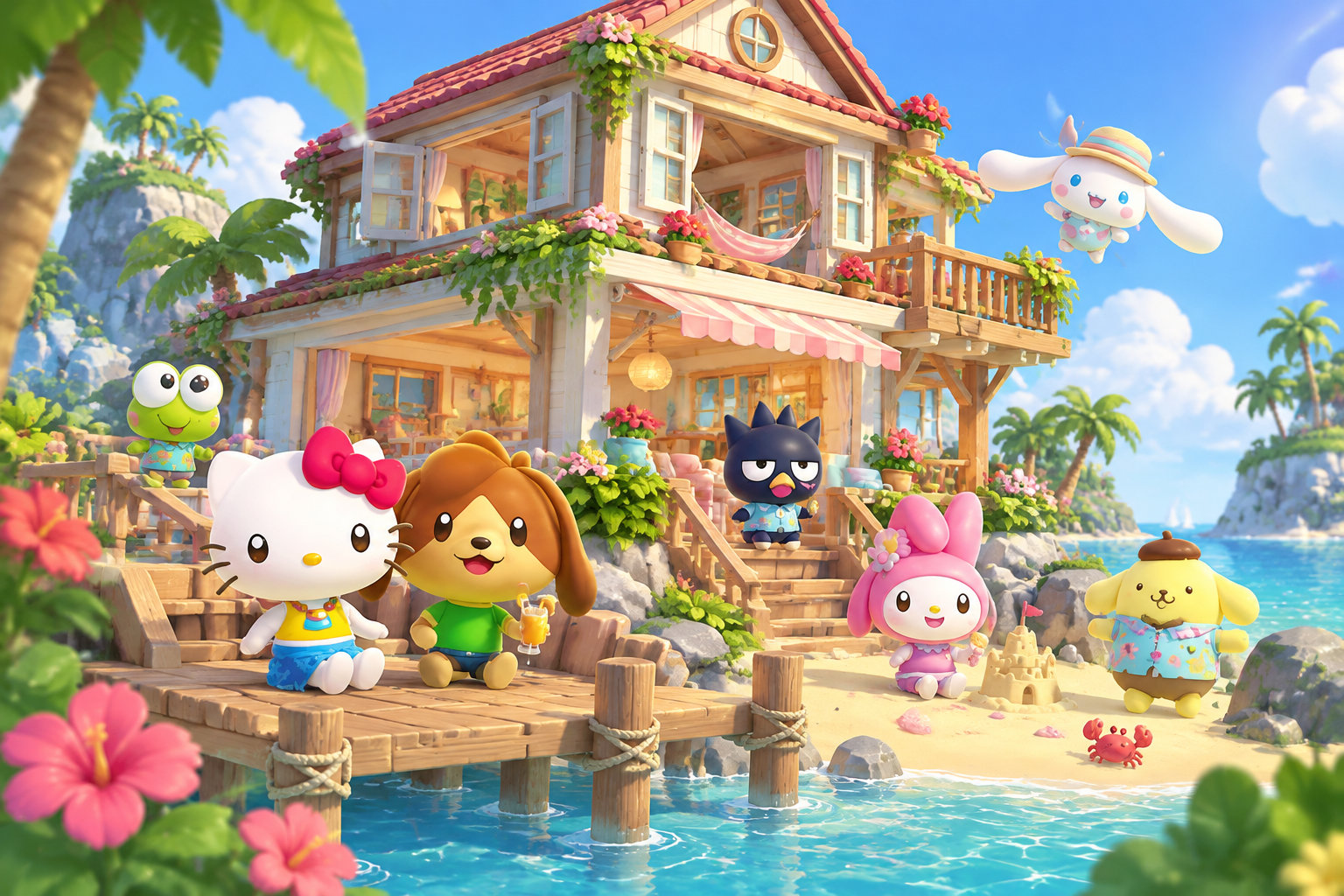 Des personnages animaux colorés jouent devant une maison en bois fleurie, au bord d’une plage tropicale ensoleillée.
