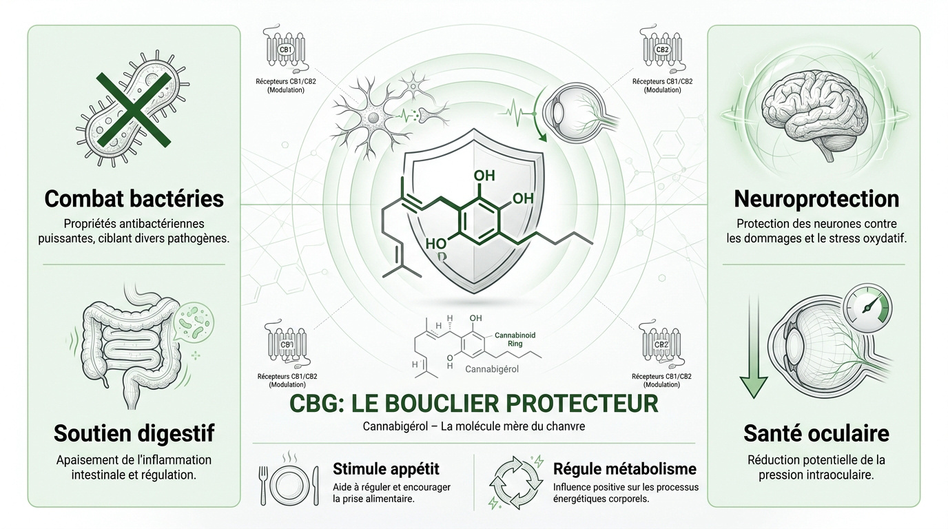 Infographie présentant les bienfaits protecteurs et antibactériens du CBG