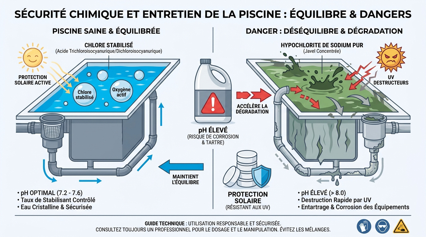Comparaison entre équilibre chimique et dangers de l'eau de javel dans une piscine