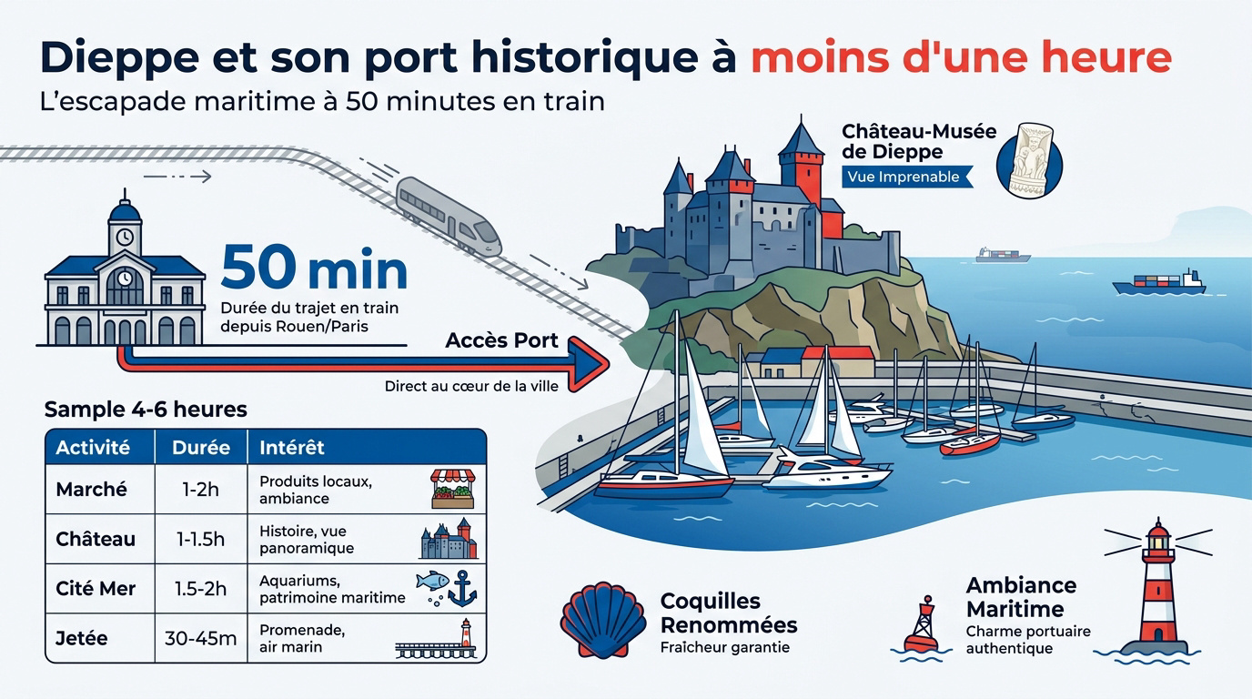 Vue panoramique sur le port historique de Dieppe et ses falaises environnantes
