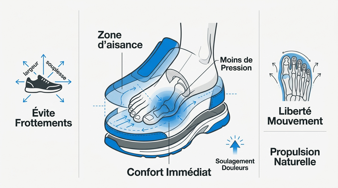 Schéma anatomique d'un pied avec hallux valgus dans une chaussure large adaptée