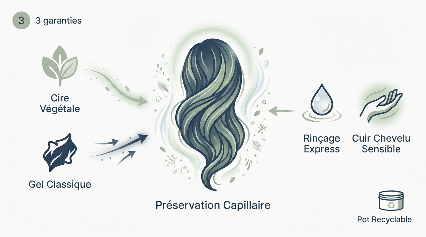 Illustration comparant cire végétale et gel classique pour les cheveux