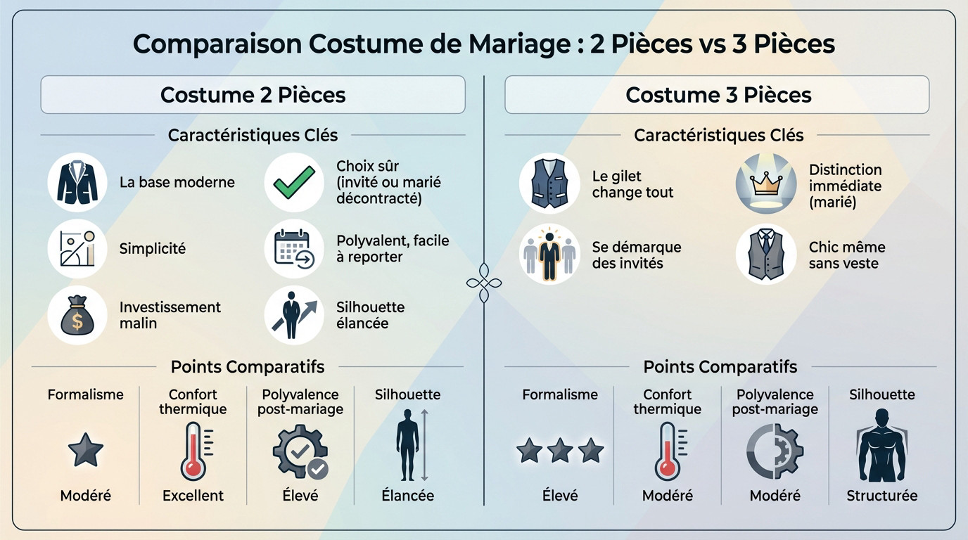 Comparaison élégante entre un costume de mariage 2 pièces et un costume 3 pièces avec gilet