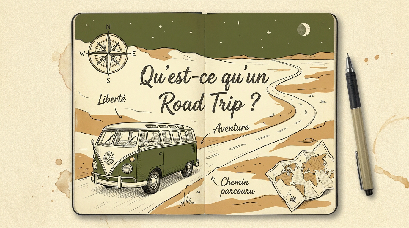 Véhicule circulant sur une route isolée illustrant le concept de road trip
