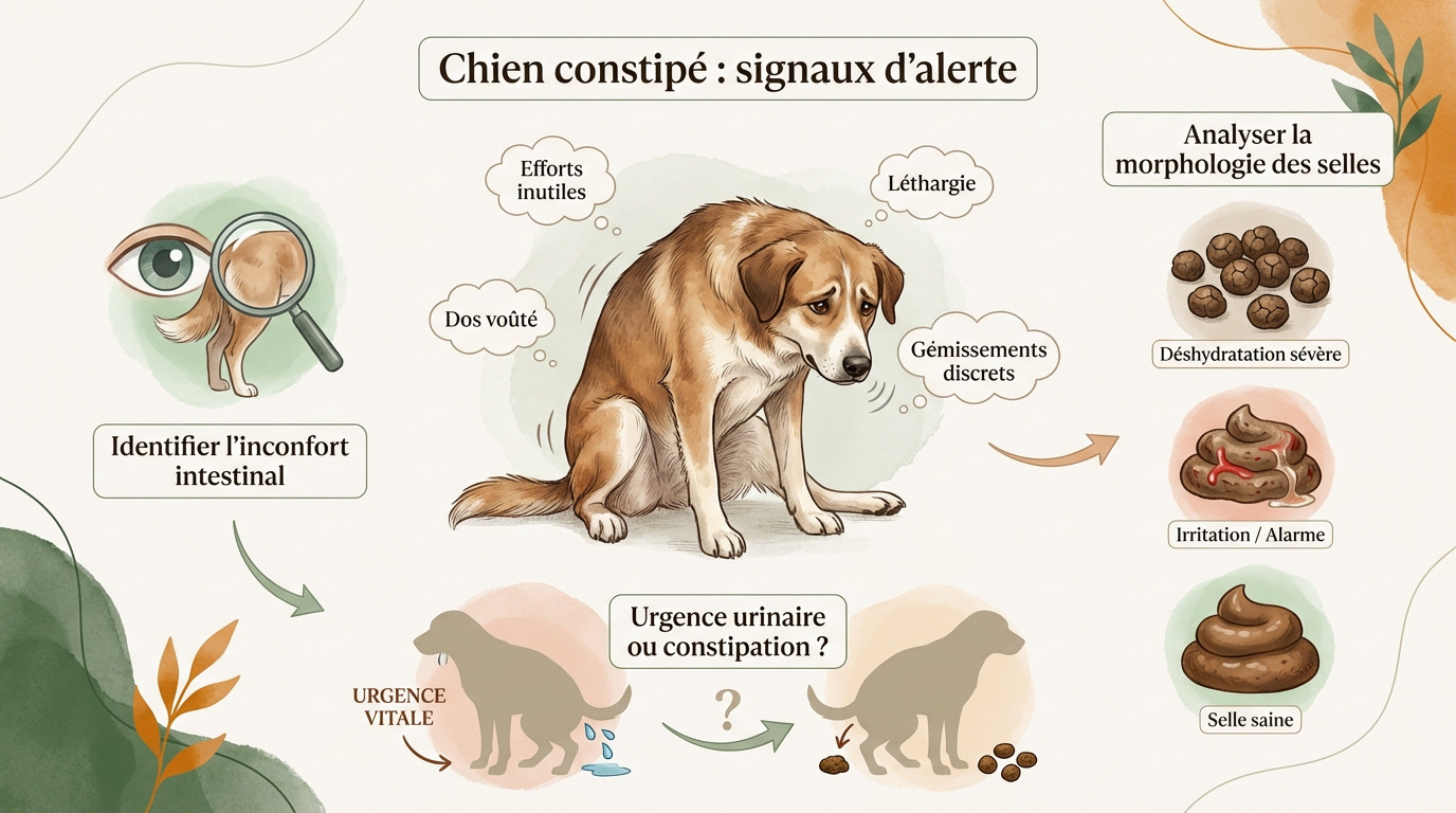 Chien montrant des signes d'inconfort abdominal et de constipation