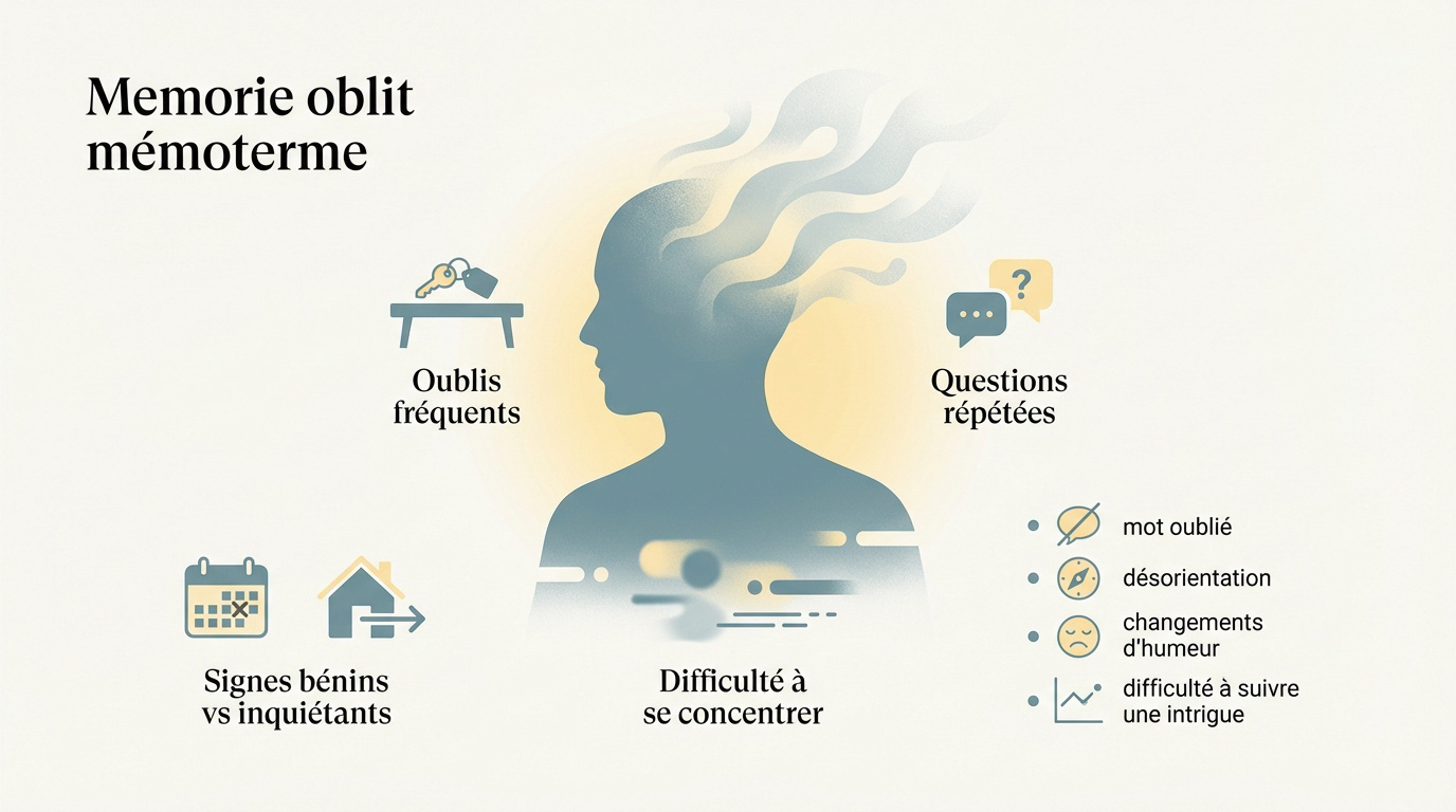 Illustration des signes et symptômes de la perte de mémoire courte chez les seniors