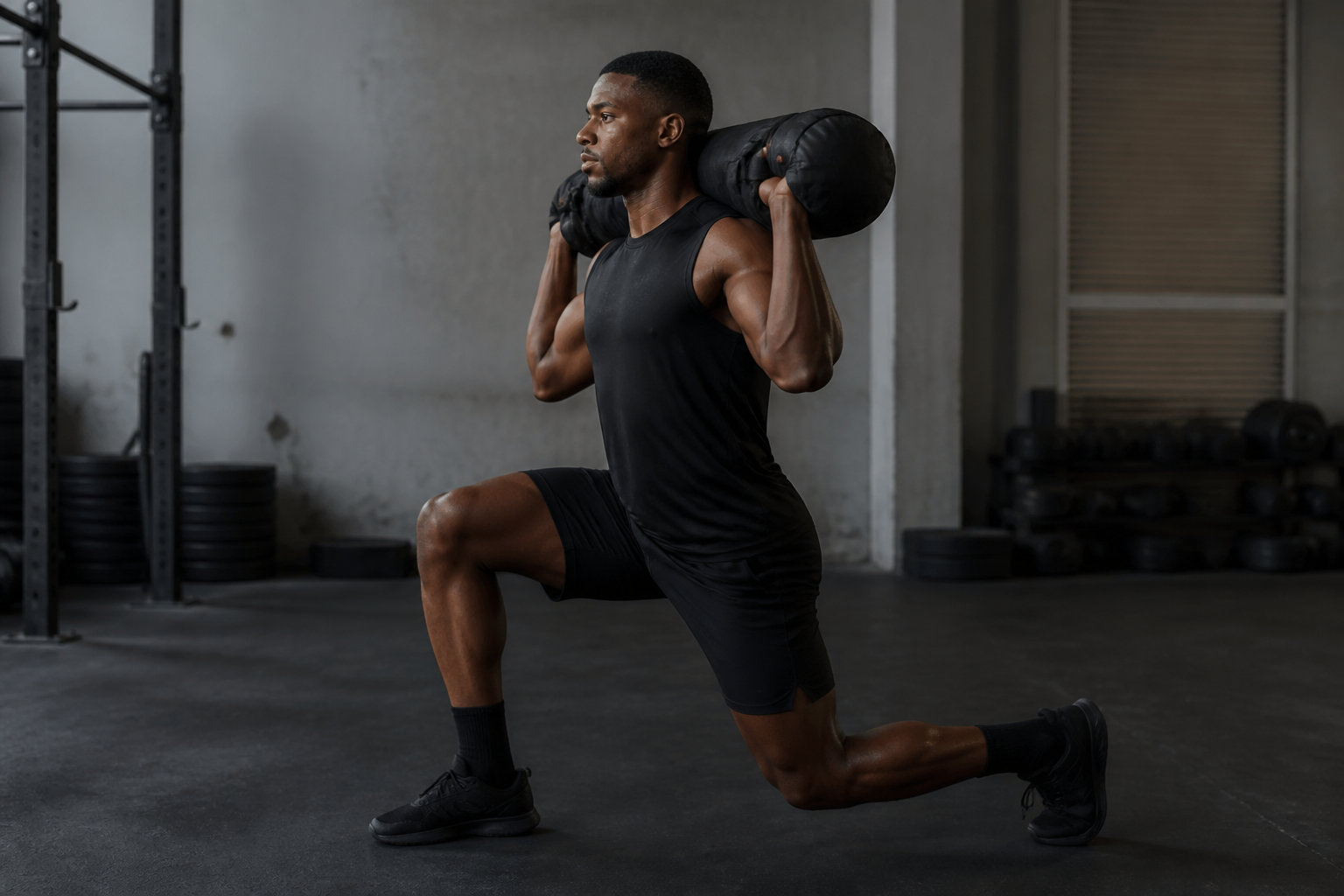 Technique de la fente avec sandbag Hyrox — placement du sac sur les trapèzes
