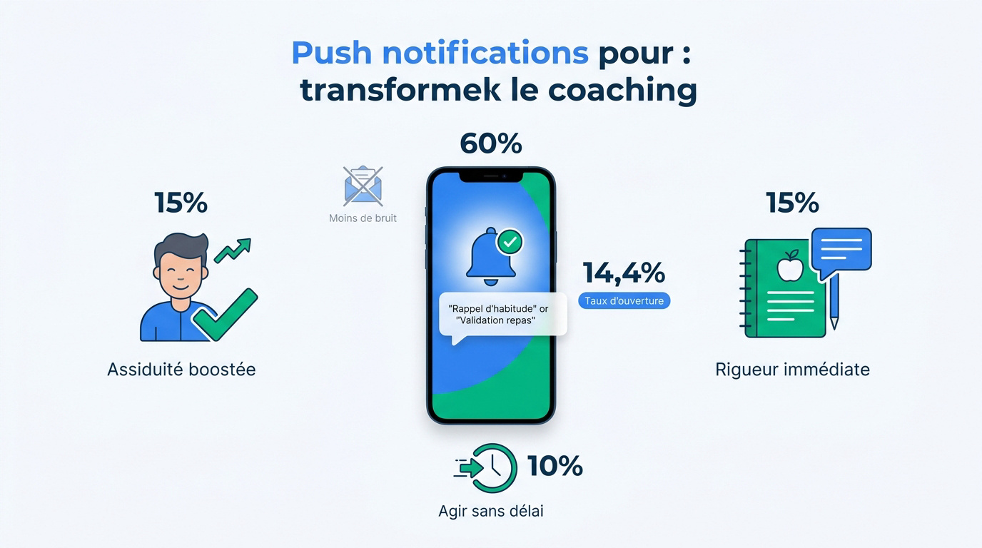 Interface d'application mobile affichant des notifications push pour le suivi d'un coach sportif