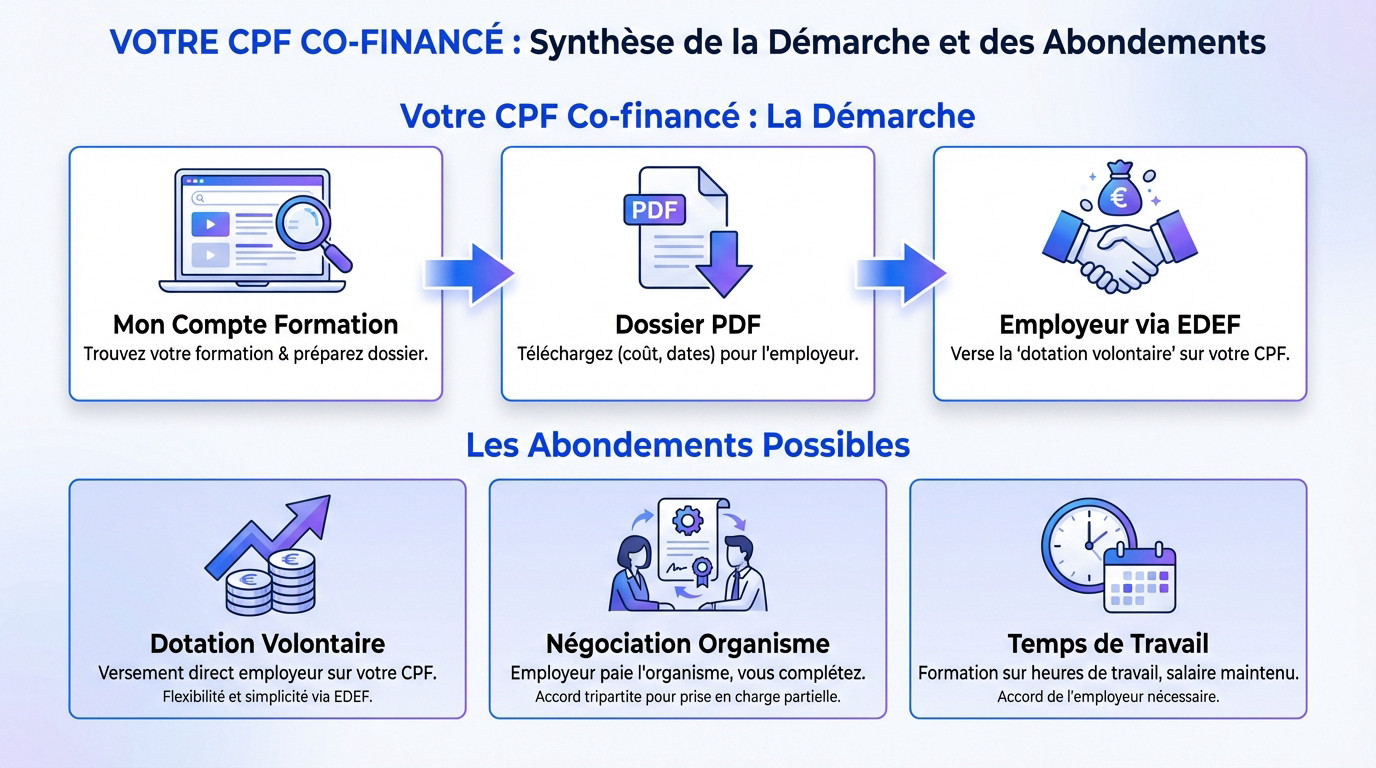 Schéma explicatif des étapes de co-financement CPF entre le salarié et l'employeur via la plateforme EDEF