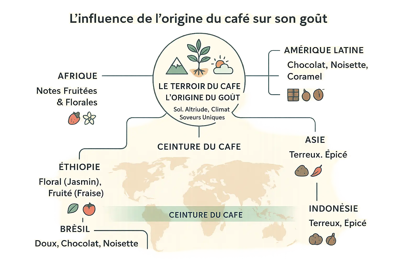Carte des terroirs de café avec des notes de dégustation