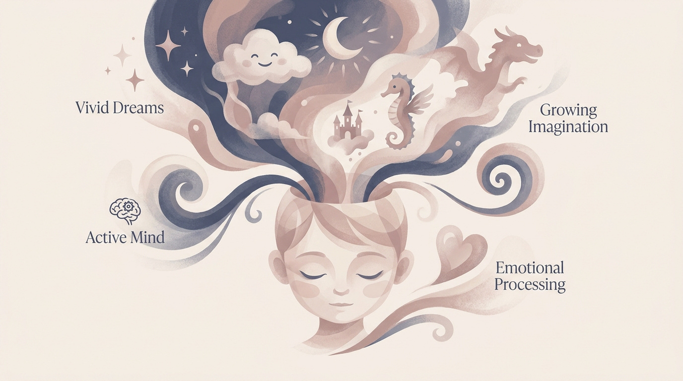 A child's vivid imagination unfolding during sleep with dreamlike elements